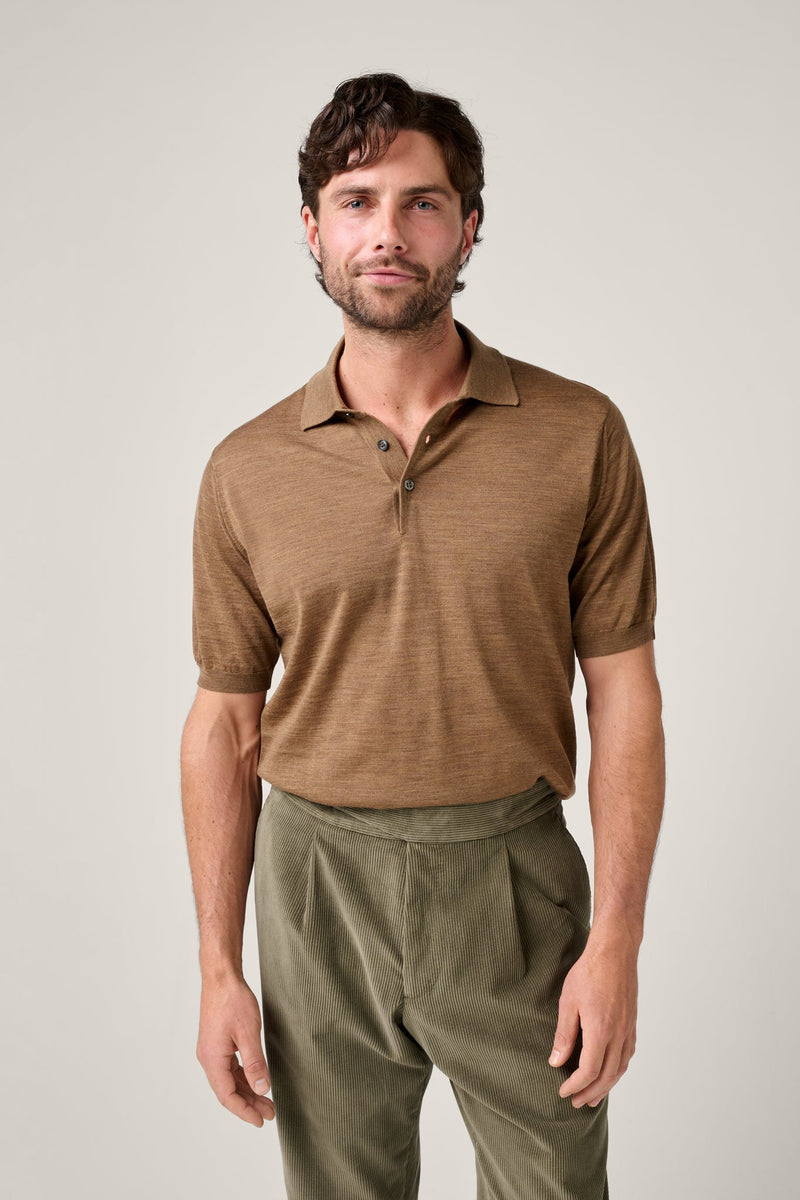 Christian Kimber Kingsley paperweight Merino Short Sleeve Polo,Camel